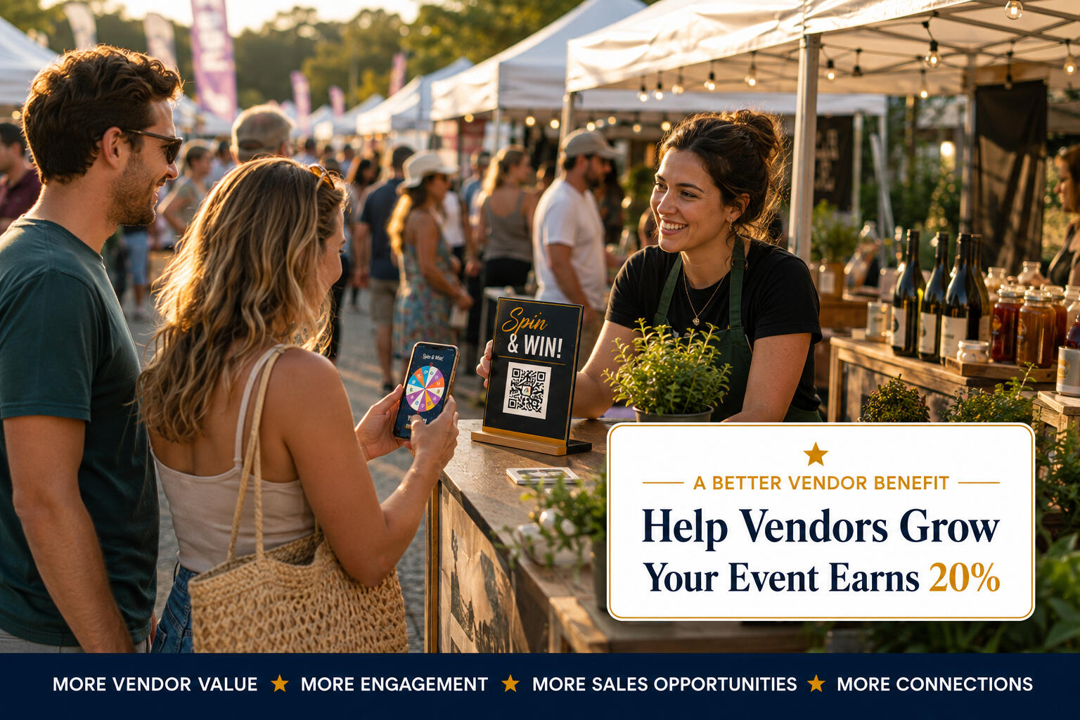 Golden Hour Market Spin & Win A couple spinning a prize wheel on their phone at a vendor booth