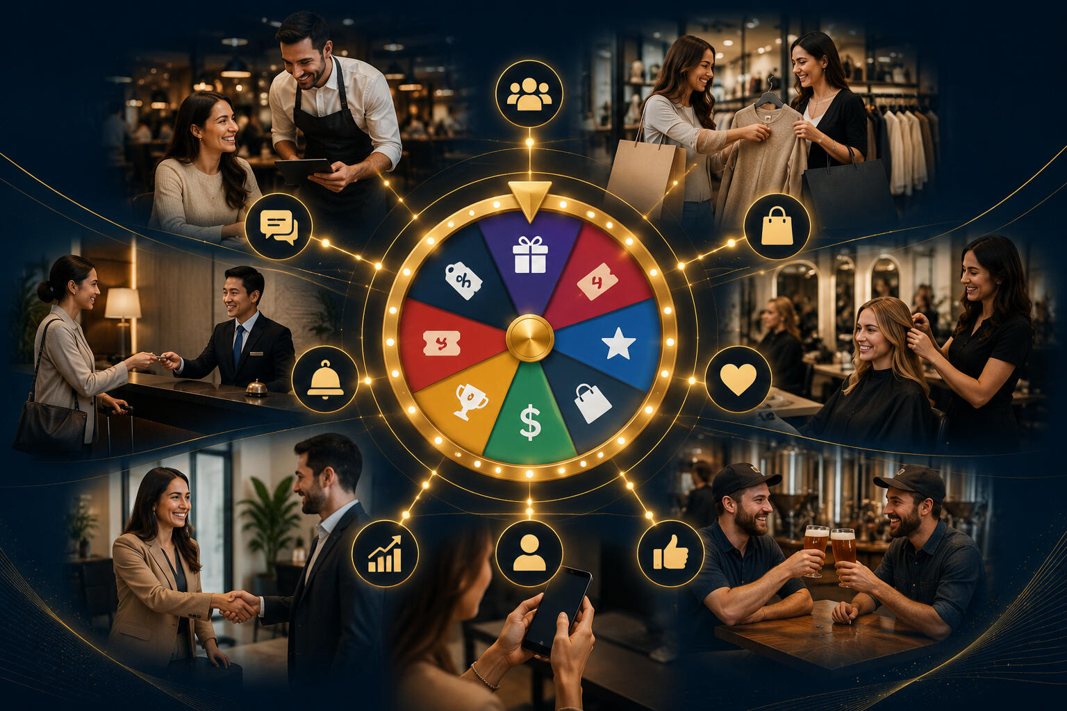 Golden Rewards Wheel with different types of businesses around it