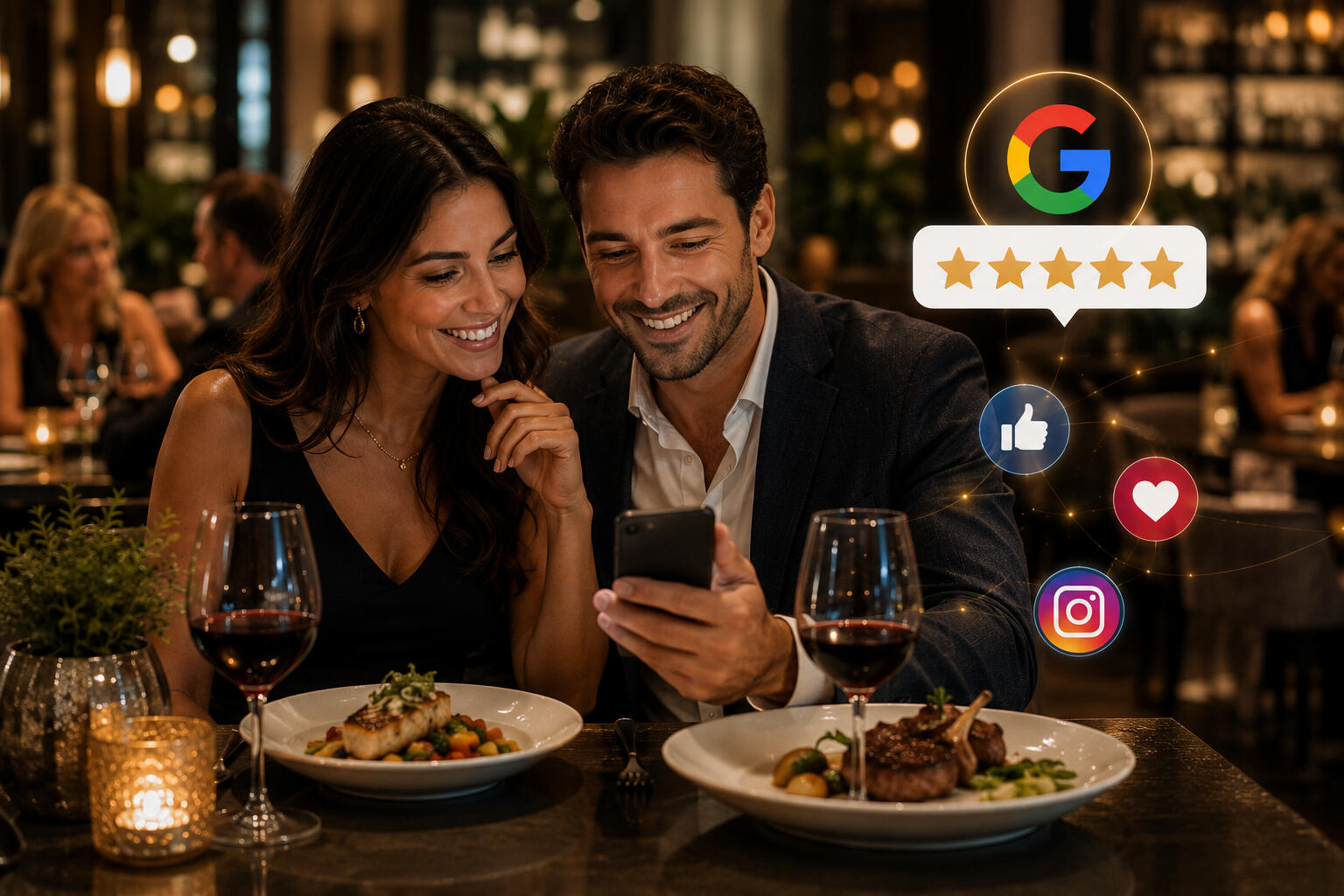 couple having dinner sharing review on Google, Facebook, Instagram, with a heart emoji