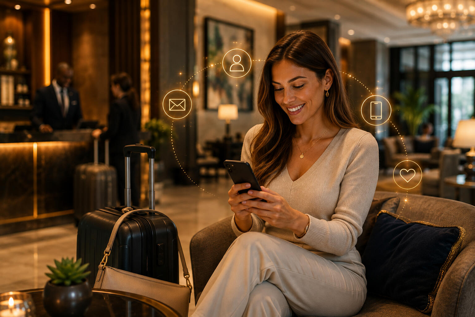 A woman looking at her phone sitting in a hotel lobby