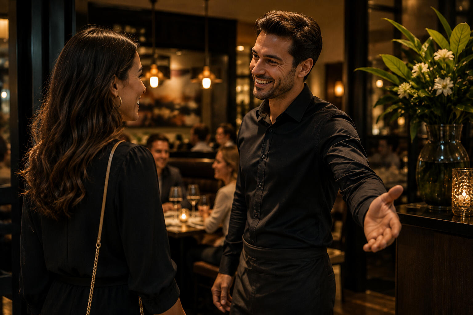 A waiter welcoming a guest