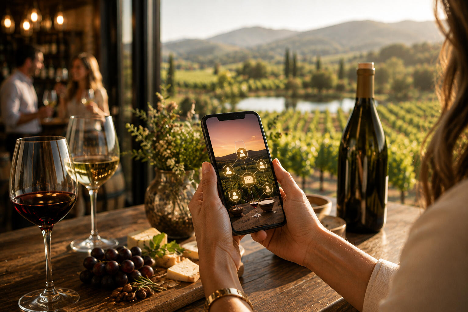 A woman looking at her phone with a vineyard in front of her