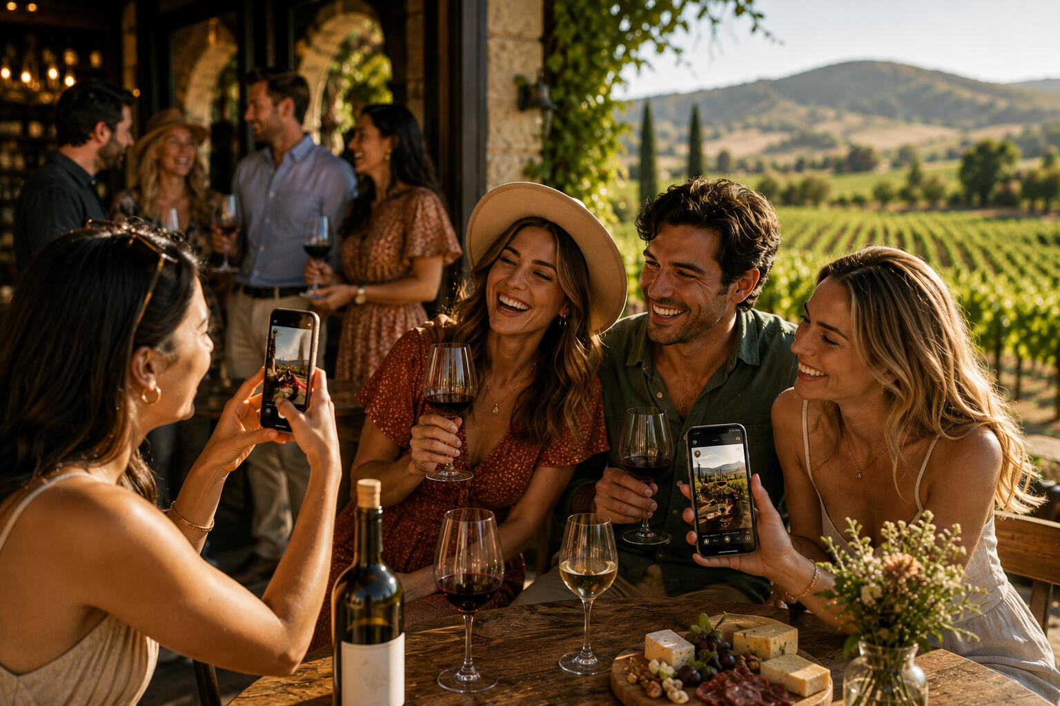 Men and women drinking wine at a winery all having a good time