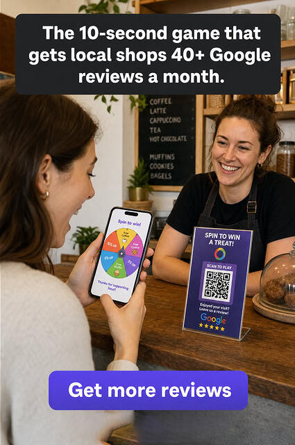 get More Reviews Woman holding phone spinning a prize wheel on her phone