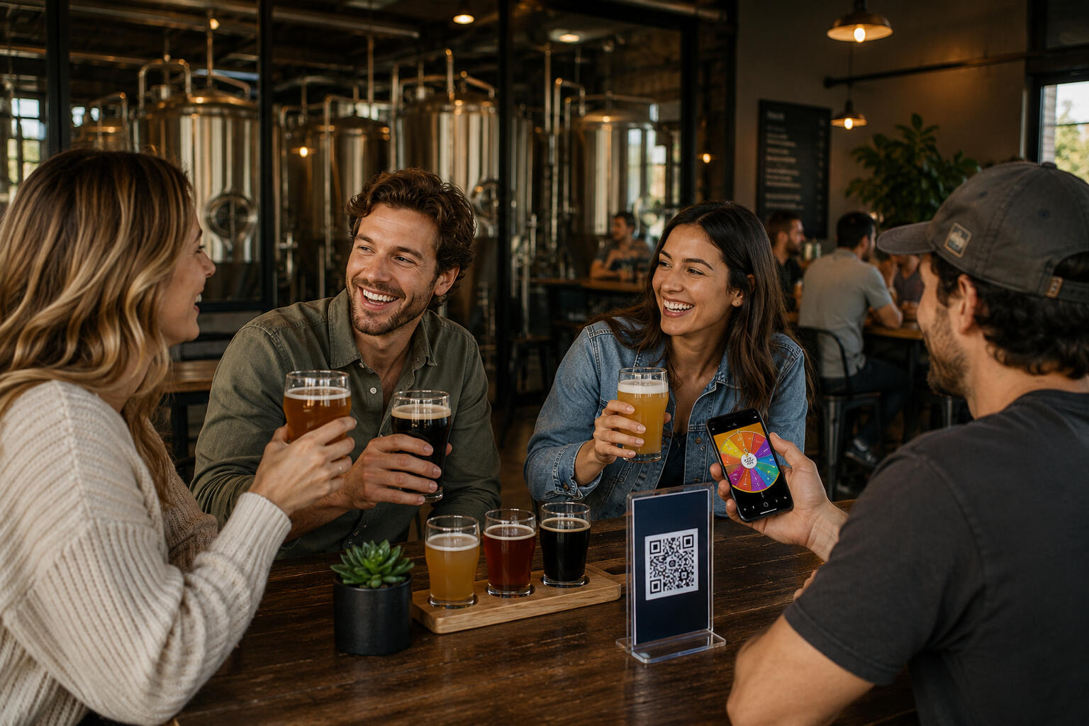 Friends at a brewery enjoying a pint of beer scanning the spin & win QR Code on their table
