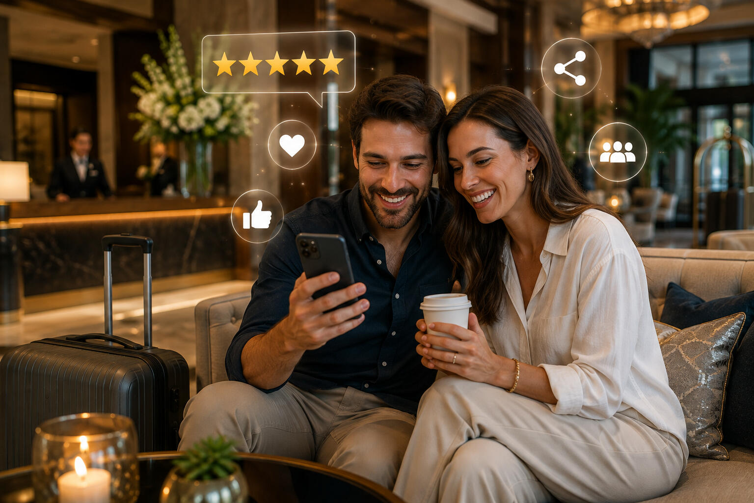 A couple drinking coffee in a hotel lobby providing a 5 star review