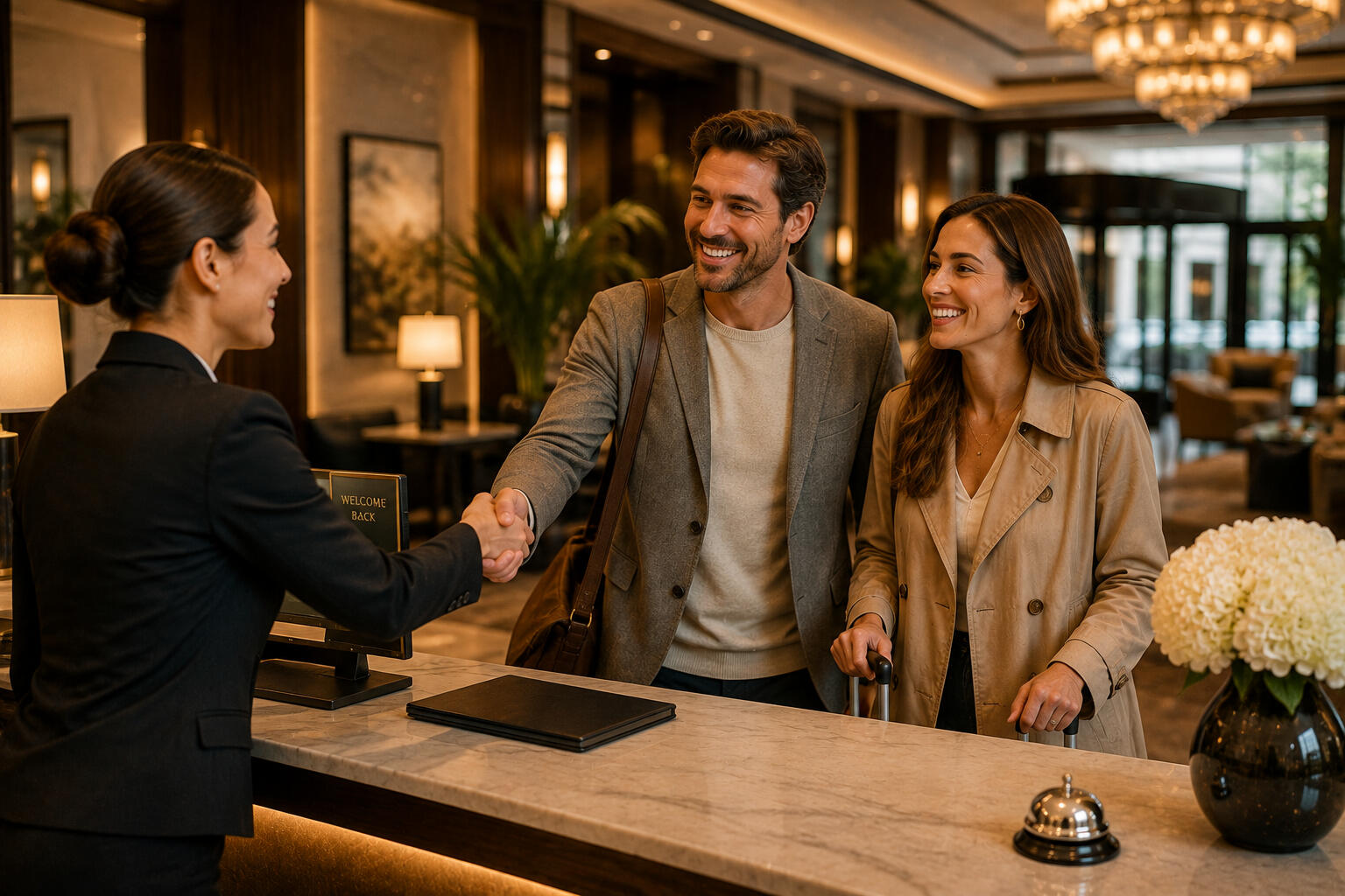 A hotel manager greeting guests as they check-in