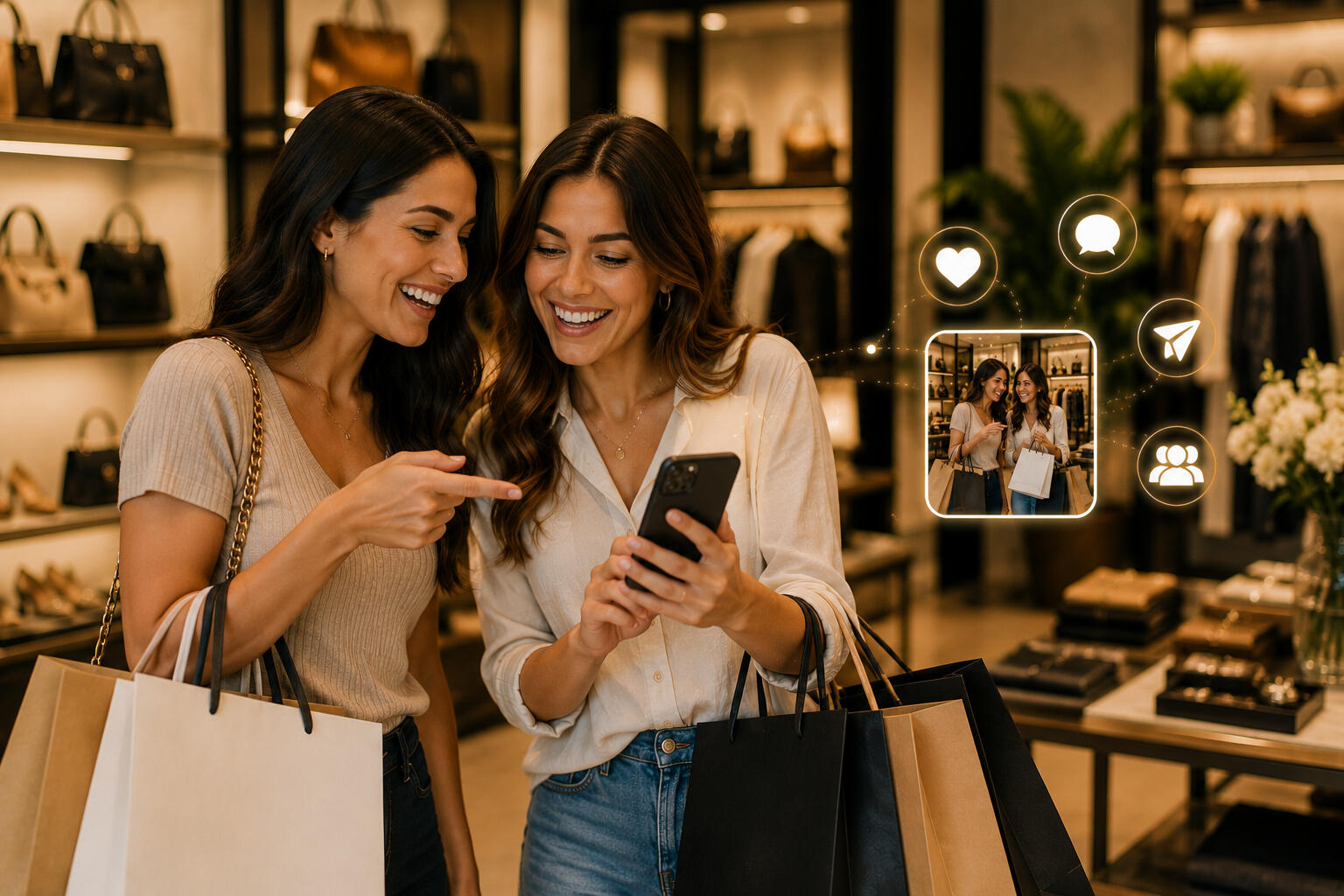 Friends Sharing Smiles and shopping together while posting on their phone