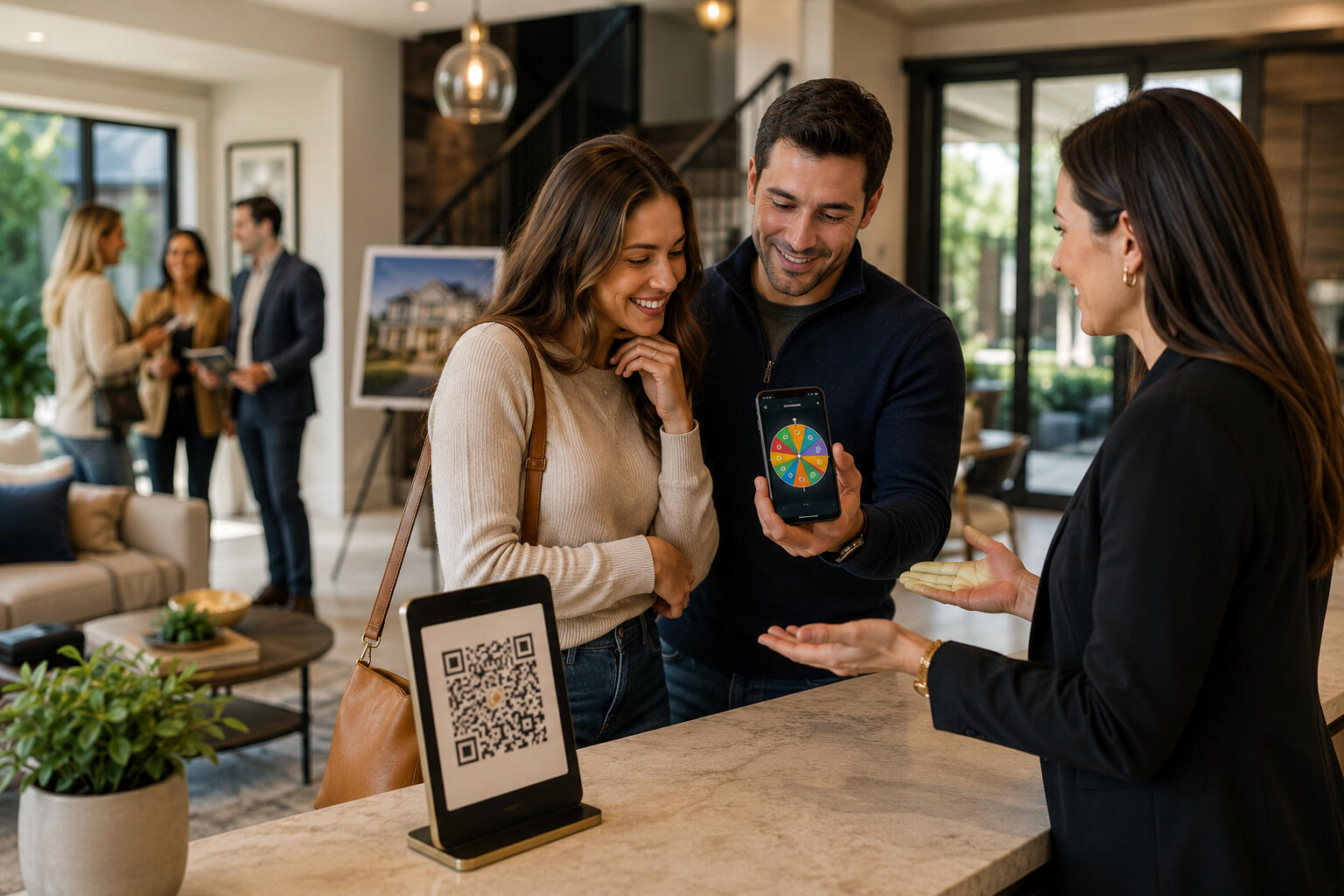 A couple looking to buy a house get to Spin & Win during an open house