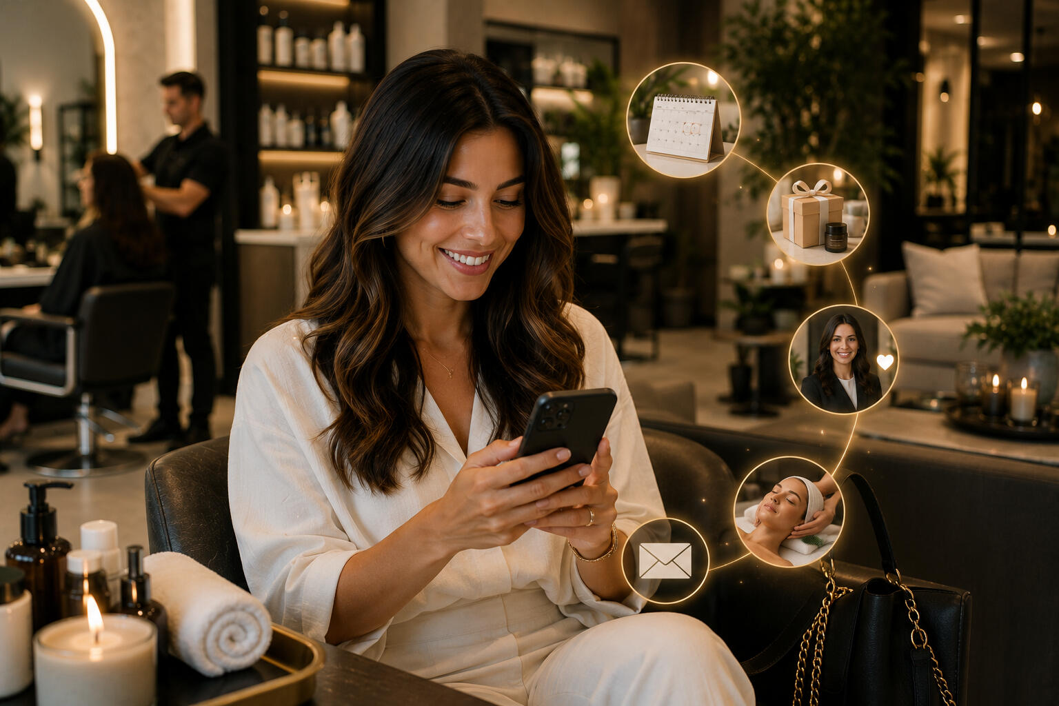 A woman sitting in a salon chair booking her next appointment on her phone